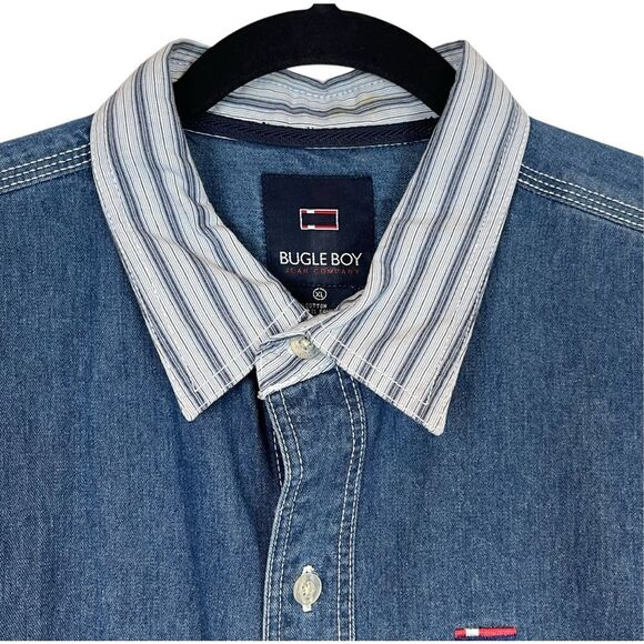 Vintage BUGLE BOY Shirt Men's Size XL Blue Denim Striped Button Down Cotton - Picture 3 of 12